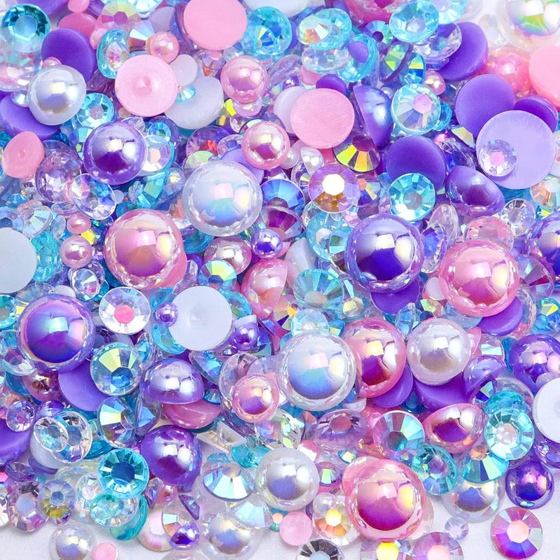 Briskbloom 60g Mix Flatback Pearls and Rhinestones for Crafts, 2mm-10mm for Nails Face Art Tumblers, With Tweezers Wax Pen, Pink|Purple|White - Image 1